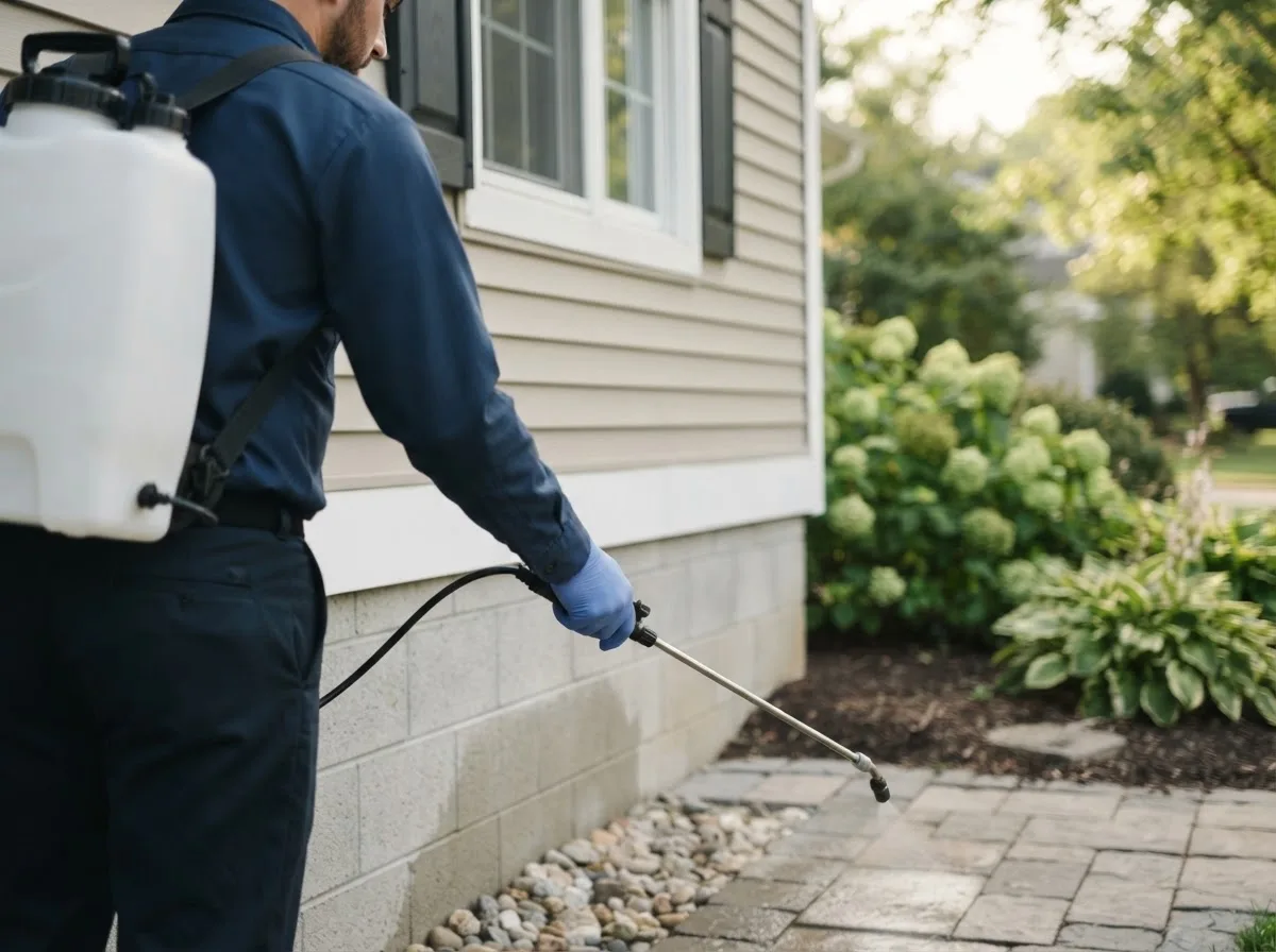 Pest control technician inspecting a home in Orrville, OH